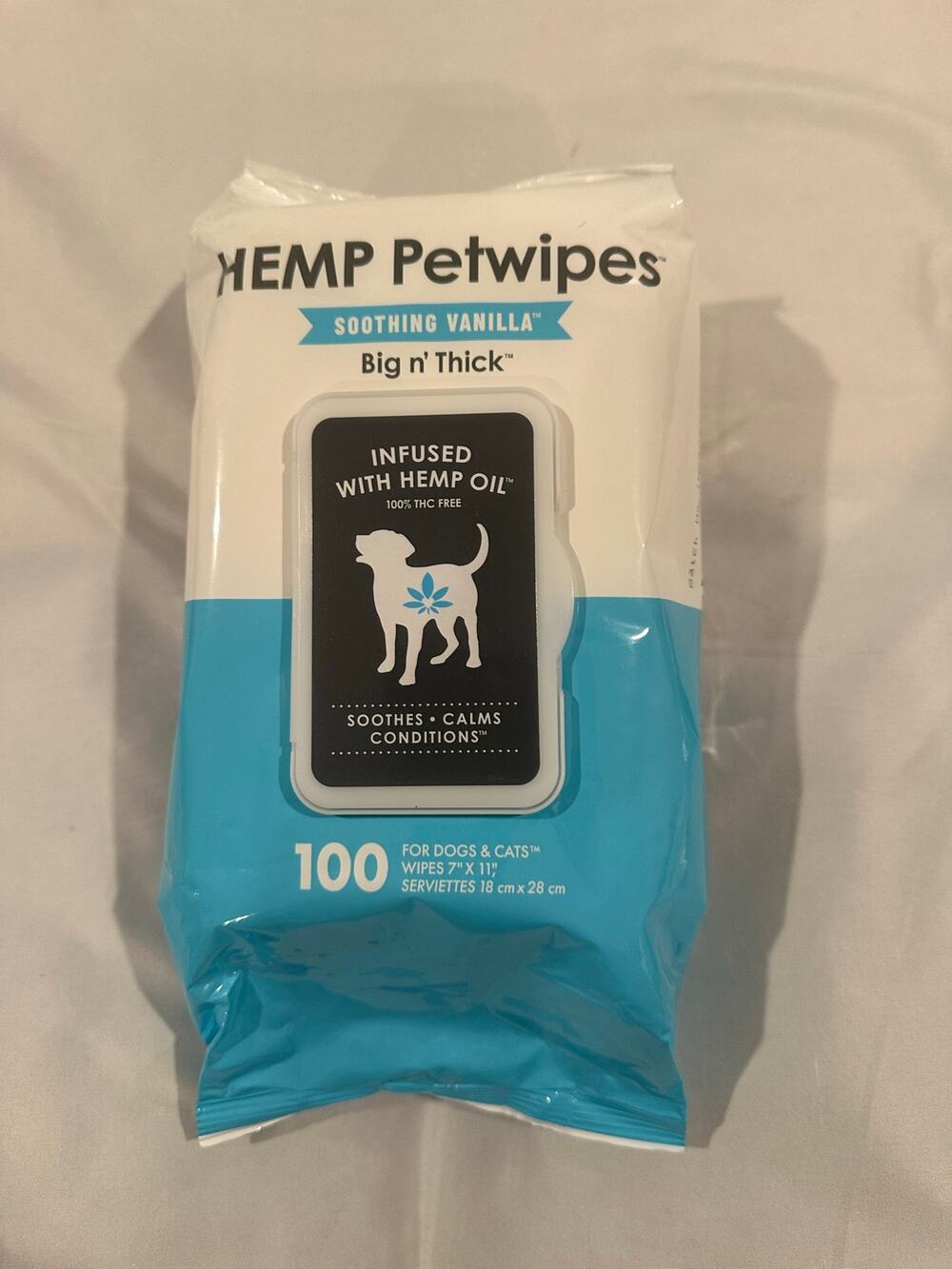 Petkin Hemp Pet Wipes Soothing Vanilla 100 Count Big n Thick 100% THC Free New
